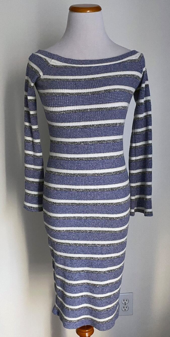 Socialite Off The Shoulder Stretch Midi Bodycon Dress, Blue/White/Gray Stripe XS